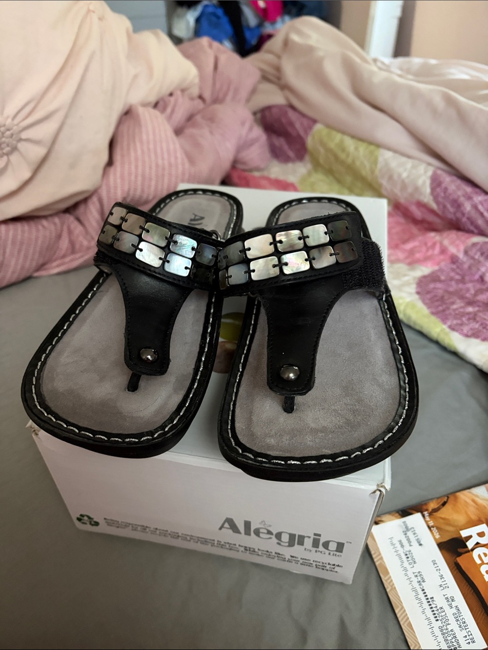 Alegria Black Leather Thong Sandals with Iridescent Square Accents